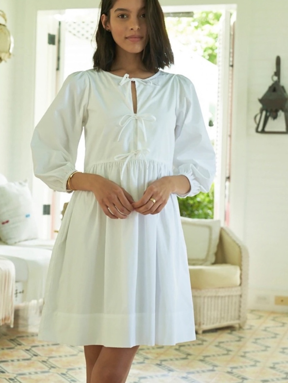 Lake Pajamas Poplin Triple Tie Dress in White